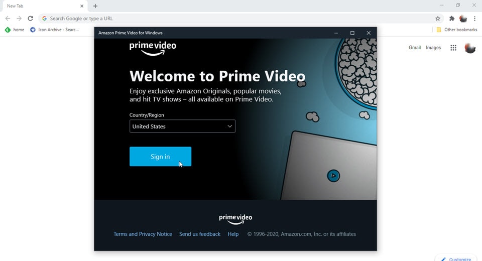 Amazon Prime Video app welcome screen on PC